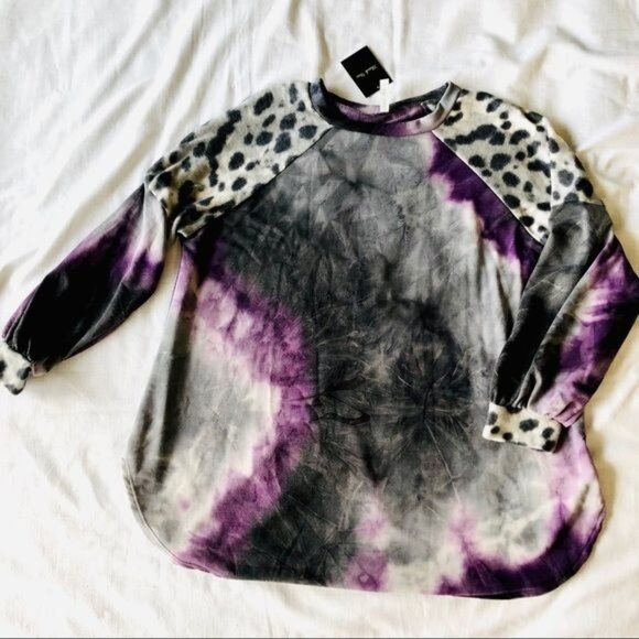 Womens Plus Size Top Purple Tie-Dye Leopard Print Long Sleeve by Emerald - Picture 2 of 12